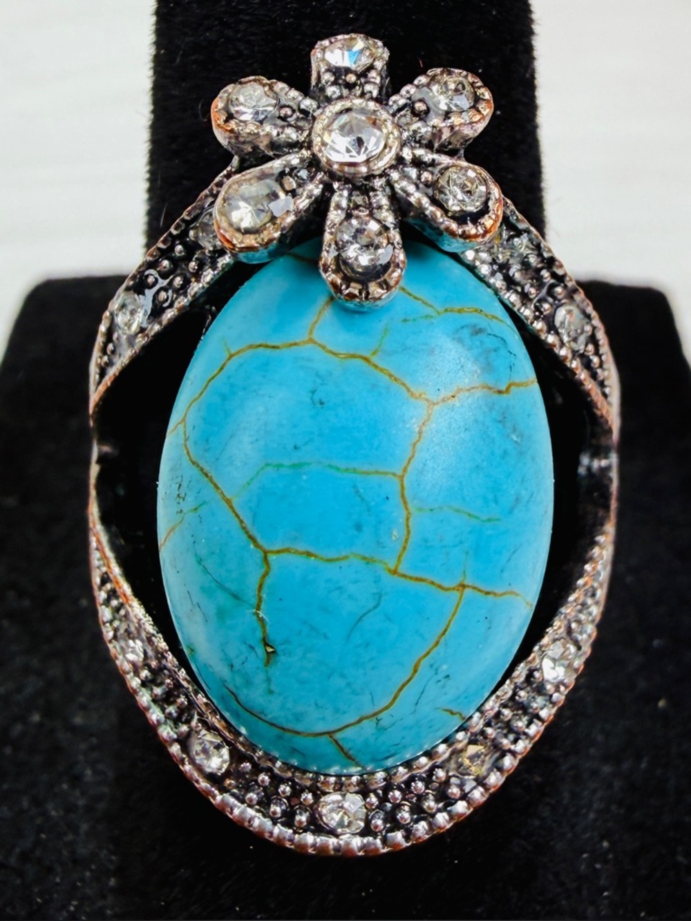 Vintage aged, Boho Silvertone bling accent, faux turquoise blue statement ring